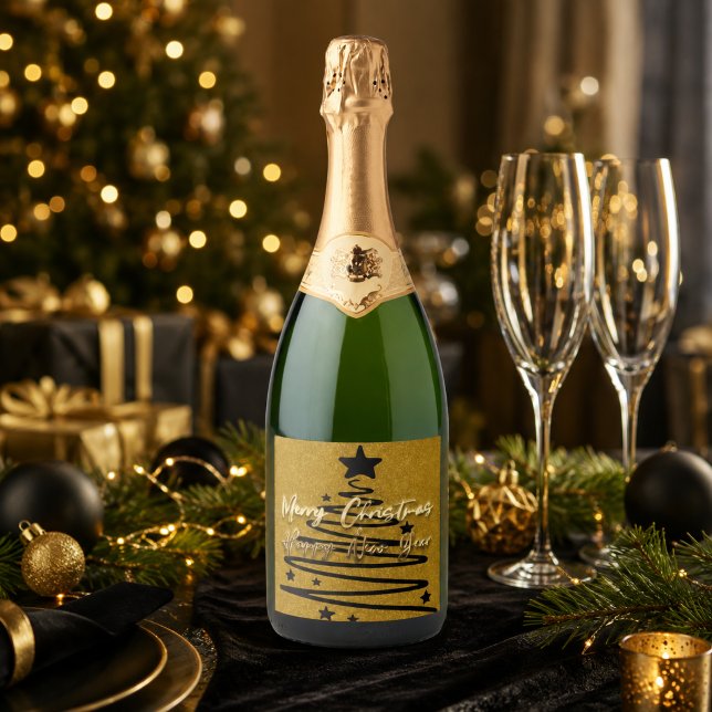 Étiquettes Pour Bouteilles De Vin Mousseux Élégant Or Noir Joyeux Noël Bonne Année (Créateur téléchargé)