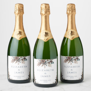 Étiquettes Pour Bouteilles De Vin Mousseux Élégant Rustique Forêt Floral Pinecones Mariage