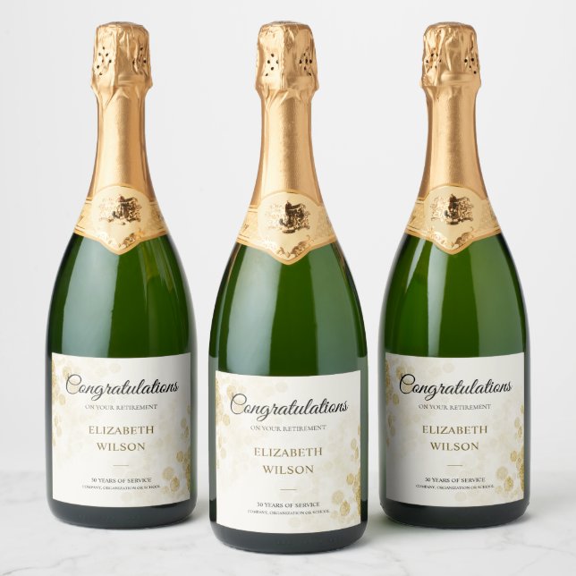 Étiquettes Pour Bouteilles De Vin Mousseux Élégant Script Gold Confetti Retraite Party (Bouteilles)
