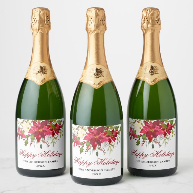 Étiquettes Pour Bouteilles De Vin Mousseux Elégante aquarelle Poinsettia vacances (Bouteilles)