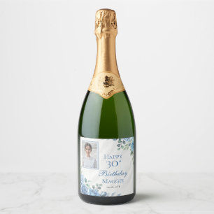 Étiquettes Pour Bouteilles De Vin Mousseux Elégante Blue Rose Floral Frame 30e fête d'anniver
