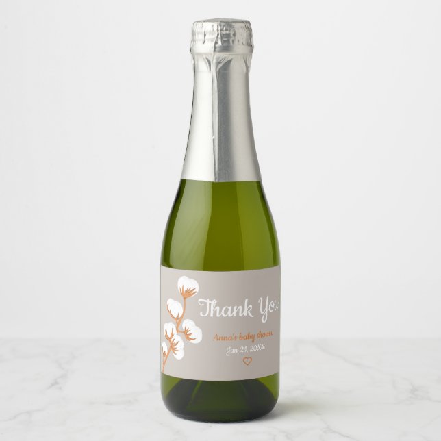 Étiquettes Pour Bouteilles De Vin Mousseux Élégante Branche de coton "Merci" Custom Sparklin (Devant)