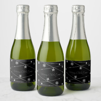 Étiquettes Pour Bouteilles De Vin Mousseux Élégante calligraphie de Noël noir et argent