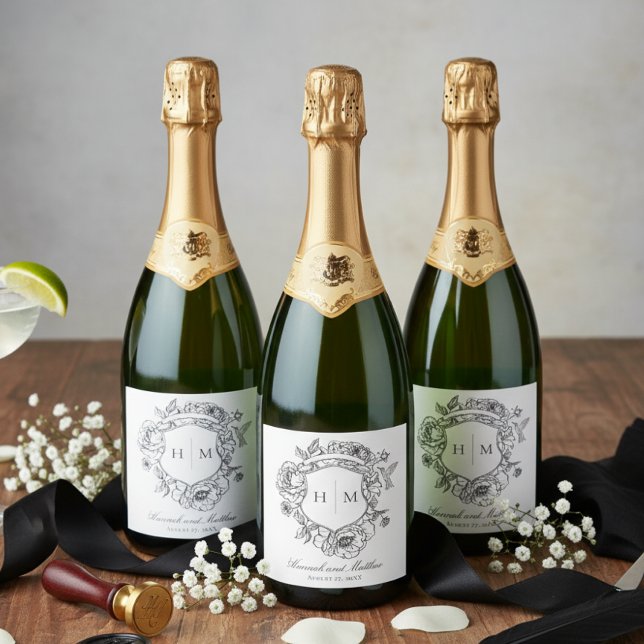 Étiquettes Pour Bouteilles De Vin Mousseux Élégante Chinoiserie noire Mariage Bird Crest (Créateur téléchargé)