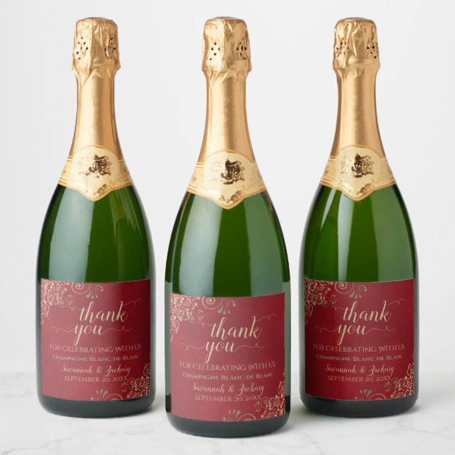 Étiquettes Pour Bouteilles De Vin Mousseux Elégante dentelle or sur Merci Mariage rouge Crims (Bouteilles)