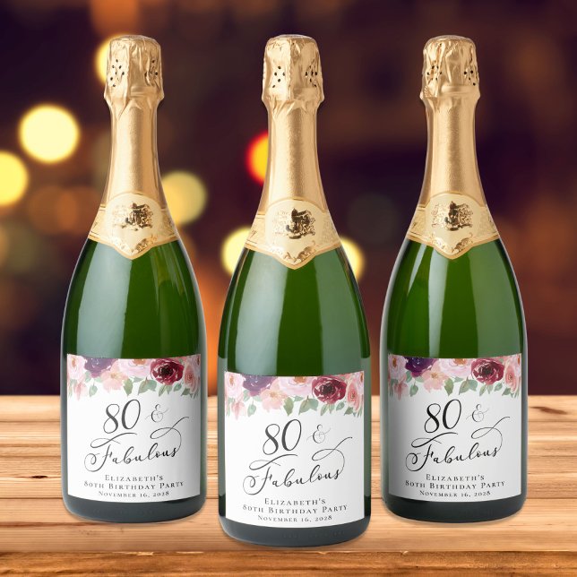 Étiquettes Pour Bouteilles De Vin Mousseux Elégante fête florale 80e anniversaire (Créateur téléchargé)