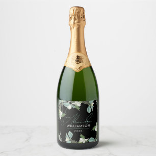 Étiquettes Pour Bouteilles De Vin Mousseux Élégante Fête Florale Noir Blanc Sage Vert