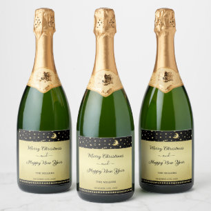 Étiquettes Pour Bouteilles De Vin Mousseux Etoiles de Noël brillantes or, pattes sur or et no