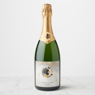Étiquettes Pour Bouteilles De Vin Mousseux Étoiles lunes fleurs d'or céleste