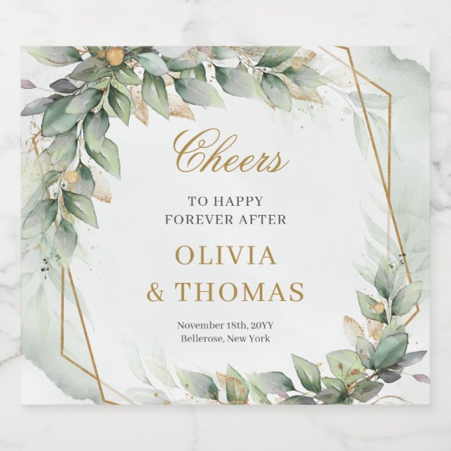 Étiquettes Pour Bouteilles De Vin Mousseux eucalyptus vert bohème et mariage d'or (Étiquettes simples)