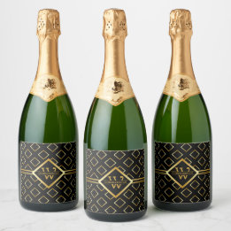 Étiquettes Pour Bouteilles De Vin Mousseux FAUX Gold Geometric Pattern with Monogram on BLACK