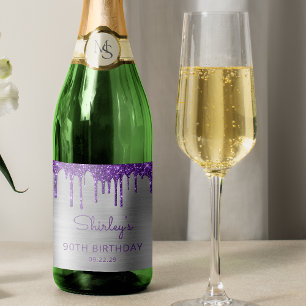 Étiquettes Pour Bouteilles De Vin Mousseux Fête d'anniversaire 90 ans Purple Glitter Drip Sil