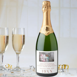 Étiquettes Pour Bouteilles De Vin Mousseux fête d'anniversaire blanc rose or année naissance 