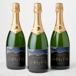 Étiquettes Pour Bouteilles De Vin Mousseux Fête d'anniversaire chic géode d'agate bleu paille