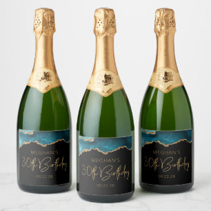 Étiquettes Pour Bouteilles De Vin Mousseux Fête d'anniversaire de 30 ans Chic Agate Geode Ble