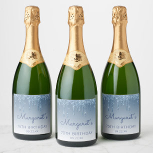 Étiquettes Pour Bouteilles De Vin Mousseux Fête d'anniversaire de 70 ans avec paillettes bleu