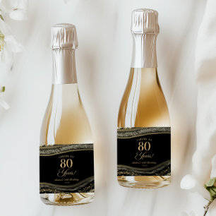 Étiquettes Pour Bouteilles De Vin Mousseux Fête d'anniversaire de 80 ans en Agate Noir Or Élé