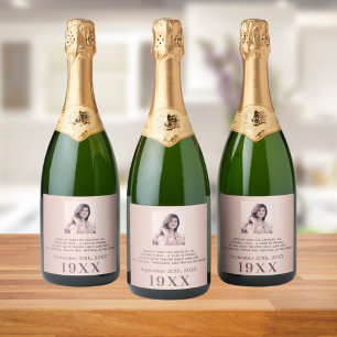 Étiquettes Pour Bouteilles De Vin Mousseux fête d'anniversaire rose or année né photo bio