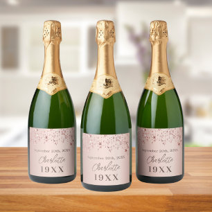 Étiquettes Pour Bouteilles De Vin Mousseux fête d'anniversaire rose or étoiles année né