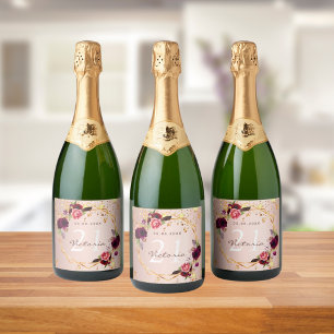 Étiquettes Pour Bouteilles De Vin Mousseux Fête d'anniversaire rose or étoiles floraux bordea