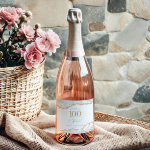 Étiquettes Pour Bouteilles De Vin Mousseux Fête de 100e anniversaire en agate or blanc élégan