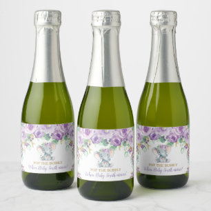Étiquettes Pour Bouteilles De Vin Mousseux Fête de Bébé Éléphant Floral Violet Pop the Bubbly