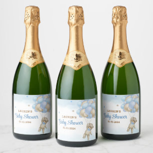 Étiquettes Pour Bouteilles De Vin Mousseux Fête de bébé ours en peluche ballons bleus