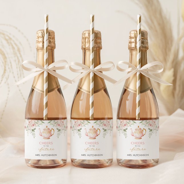 Étiquettes Pour Bouteilles De Vin Mousseux Fête de douche de mariée de Tea Party (Tea Party Bridal Shower Sparkling Wine Label)