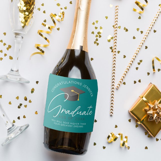 Étiquettes Pour Bouteilles De Vin Mousseux Fête de graduation Turquoise moderne (Créateur téléchargé)