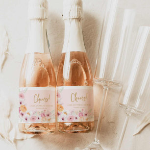 Étiquettes Pour Bouteilles De Vin Mousseux Fête de mariage rose florale Cheers