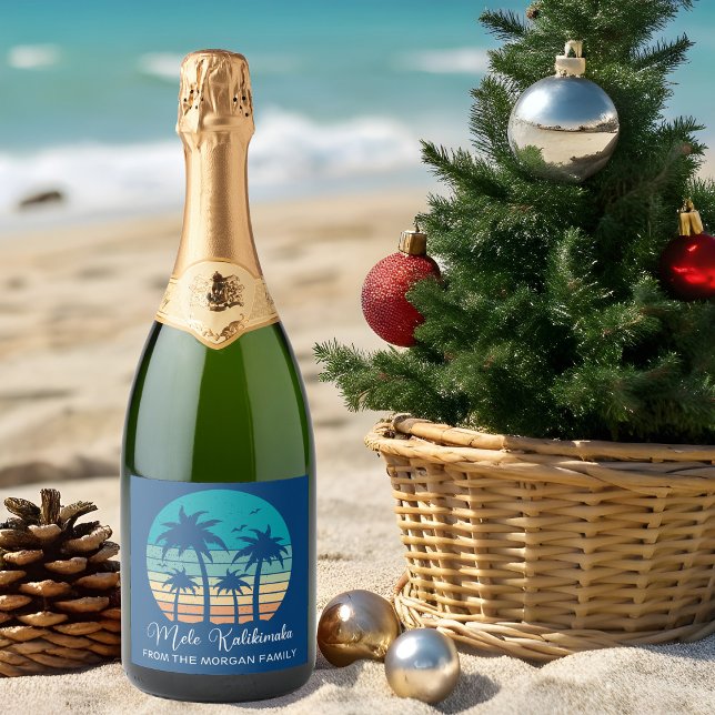 Étiquettes Pour Bouteilles De Vin Mousseux Fête de Noël du coucher de soleil tropical de Mele (Créateur téléchargé)