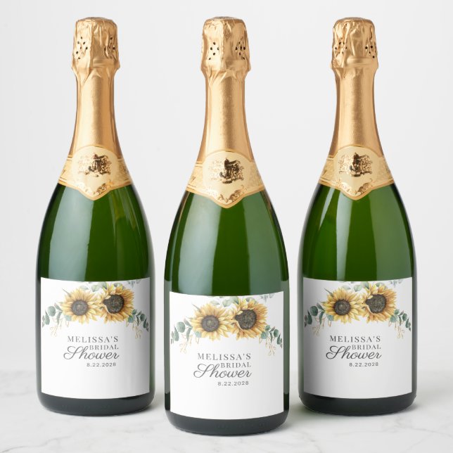 Étiquettes Pour Bouteilles De Vin Mousseux Fête des mariées à script floral de tournesol Euca (Bouteilles)