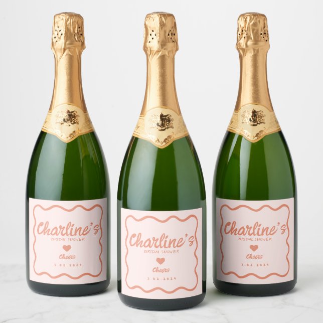 Étiquettes Pour Bouteilles De Vin Mousseux Fête des mariées rétro Wavy Pink Pastel (Bouteilles)