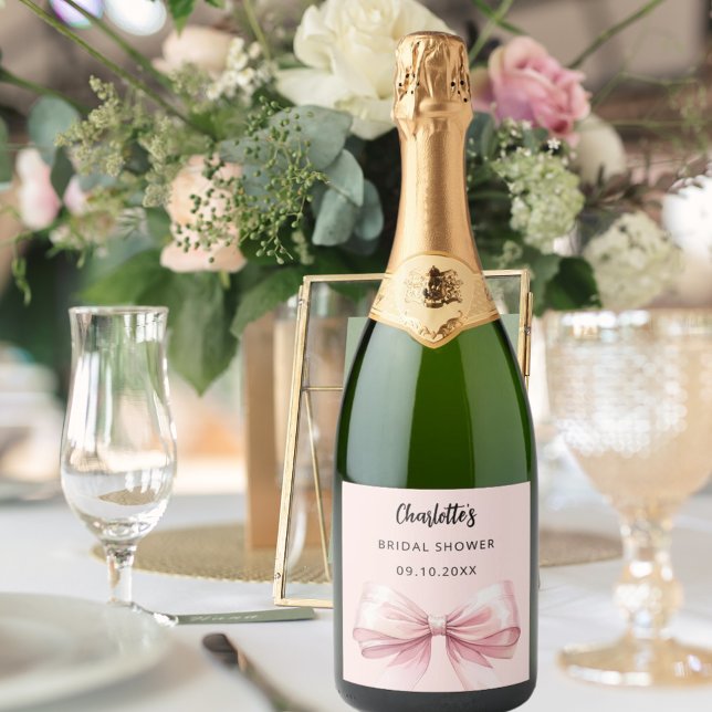 Étiquettes Pour Bouteilles De Vin Mousseux Fête des mariées rose bow (Créateur téléchargé)