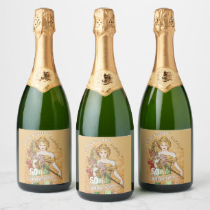 Étiquettes Pour Bouteilles De Vin Mousseux Fête du 50e anniversaire, Déesse du printemps, Art
