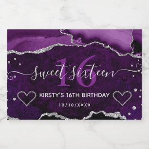 Étiquettes Pour Bouteilles De Vin Mousseux Fête Sweet Seize Glitter Argent Agate Violet