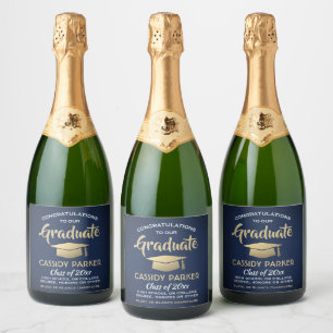 Étiquettes Pour Bouteilles De Vin Mousseux Fêtes de Graduation Grats Marine Bleu Or et Blanc