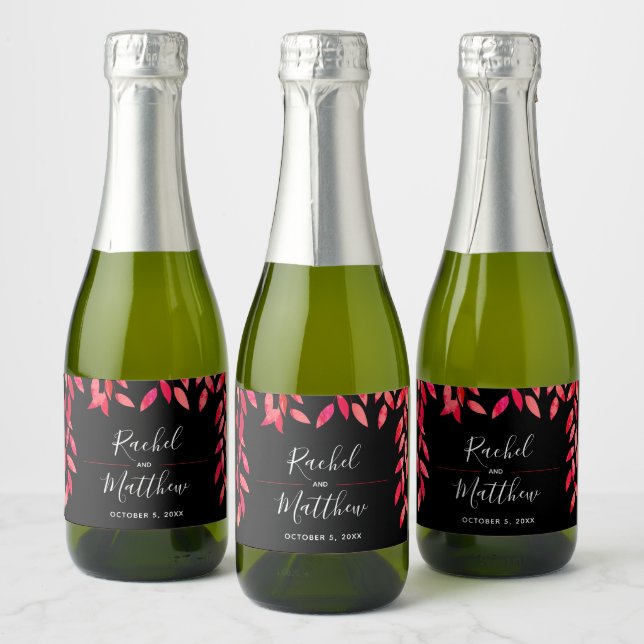 Étiquettes Pour Bouteilles De Vin Mousseux Feuilles sur Black Mariage Celebration Mini (Bouteilles)