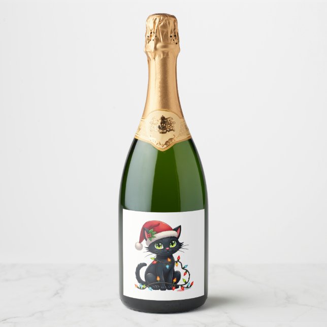 Étiquettes Pour Bouteilles De Vin Mousseux Feux de Noël de chat noir Santa Hat Funny Noël Ca (Devant)