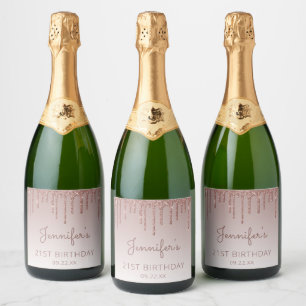 Étiquettes Pour Bouteilles De Vin Mousseux Fille Rose Gold Parties scintillant Drip 21e fête 