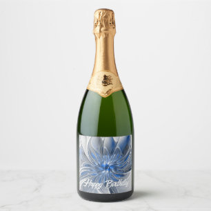 Étiquettes Pour Bouteilles De Vin Mousseux Fleur d'art fractal à l'aquarelle bleue grise abst