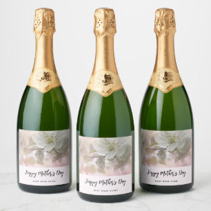 Étiquettes Pour Bouteilles De Vin Mousseux Fleur de pomme blanche Photo Fête des mères