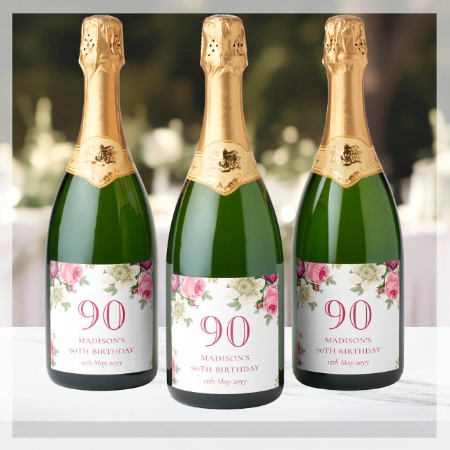 Étiquettes Pour Bouteilles De Vin Mousseux Fleur rose 90e fête d'anniversaire (Créateur téléchargé)