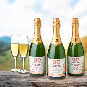 Étiquettes Pour Bouteilles De Vin Mousseux Fleurs 90 ans Papillon 90e Anniversaire Linge