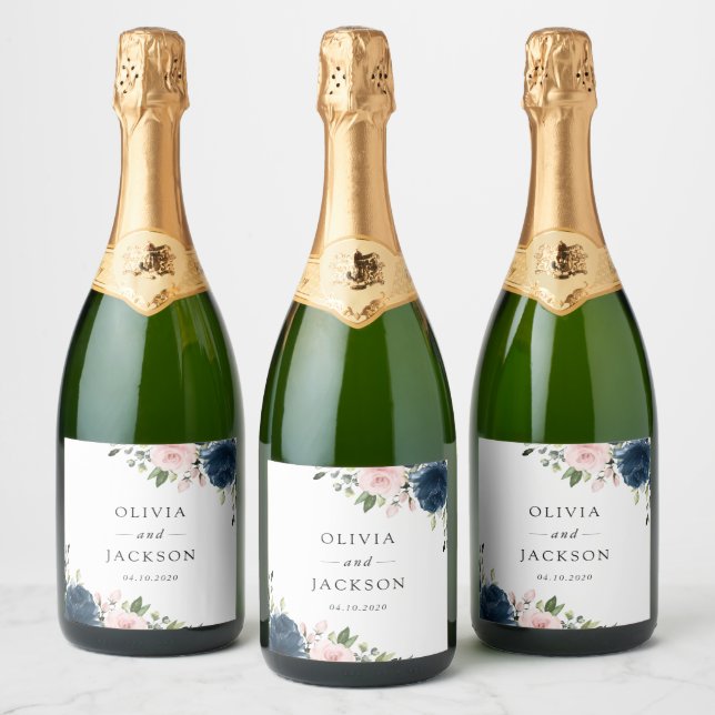Étiquettes Pour Bouteilles De Vin Mousseux Fleurs Bleues Marine, Fleurs Roses, Mariage Floral (Bouteilles)