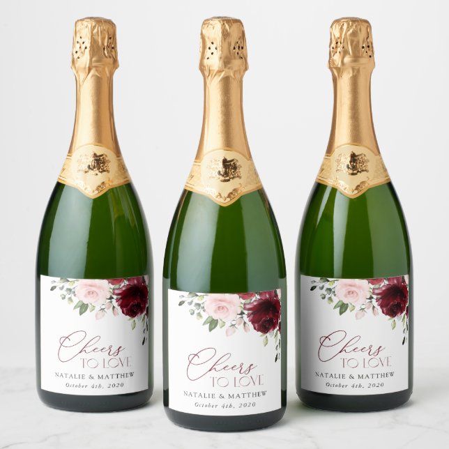Étiquettes Pour Bouteilles De Vin Mousseux Fleurs Bourgogne, Fleurs roses, Verdure, Mariage (Bouteilles)