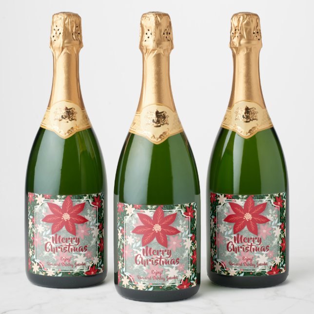 Étiquettes Pour Bouteilles De Vin Mousseux Fleurs de Poinsettia Noël Feuille (Bouteilles)