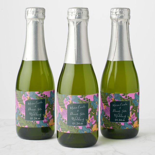 Étiquettes Pour Bouteilles De Vin Mousseux Fleurs dessinées à la main Mariage Vert sauge rose (Bouteilles)