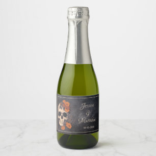 Étiquettes Pour Bouteilles De Vin Mousseux Fleurs orange Élégant minimaliste Mariage crâne