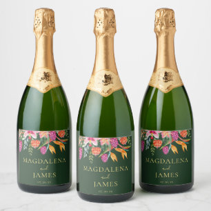 Étiquettes Pour Bouteilles De Vin Mousseux Fleurs tropicales roses et oranges colorées sur ve